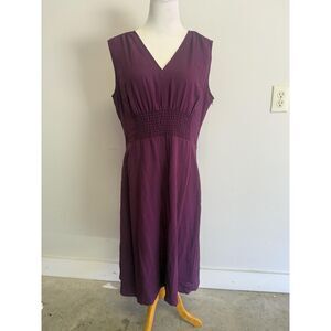 Shomi Dress Womens 14 Purple Silk Sleeveless Midi V Neck Smocked Waist Elegant